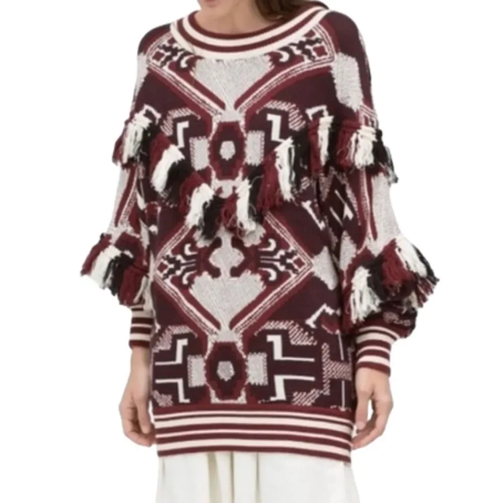 Zara Trafaluc Maroon Cream Aztec Tribal Intarsia Fringe Tassel Sweater Large